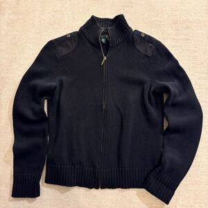 Lauren Ralph Lauren Black Full Zip Knit Sweater Jacket Moto Style Biker Chick MM